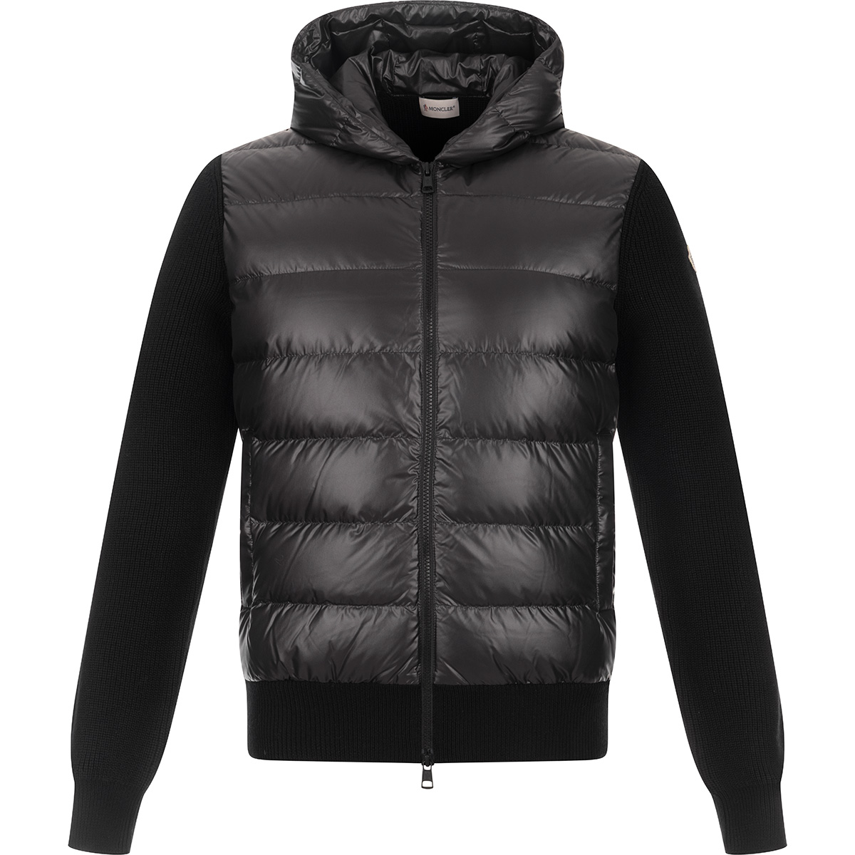 MONCLER Cardigan imbottito in piuma con maniche e cappuccio in maglia